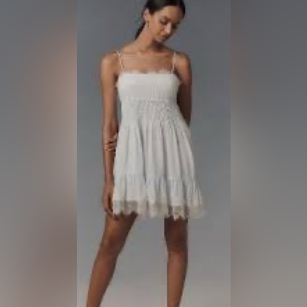 Ann Taylor Light Gray 100% Silk Fairy Babydoll Dress Pleated Embroidered Lace 8